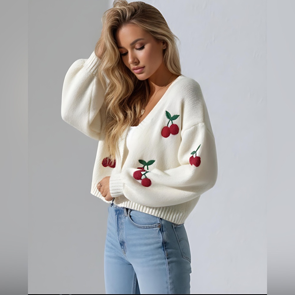 Cherry Embroidery Lantern Sleeve Cardigan - Picture 2 of 8